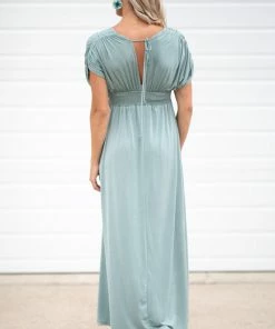 Emerald Dresses Sage Smocked Waist Ruched Sleeve Maxi Dress
