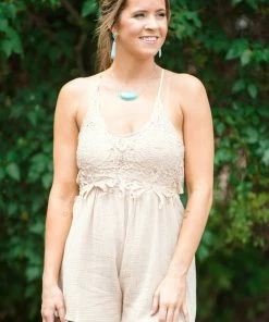 Blue B Beige Crochet Lace Bodice Tie Back Romper 8 Blue B Beige Crochet Lace Bodice Tie Back Romper