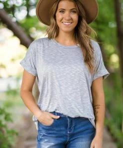 P & Rose Slate Blue Melange Roll Sleeve Top