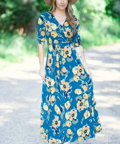 Tua Fashion, INC. Teal And Mustard Floral Maxi Dress