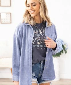 26 International Dusty Blue Ribbed Drop Shoulder Jacket Outerwear