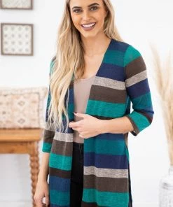 Heimish Navy And Teal Multicolor Stripe Cardigan CARDIGANS