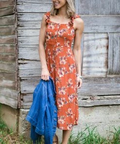 Be Cool Rust Multicolor Floral Print Midi Dress