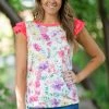 BIBI Tops White And Neon Pink Floral Flutter Sleeve Top