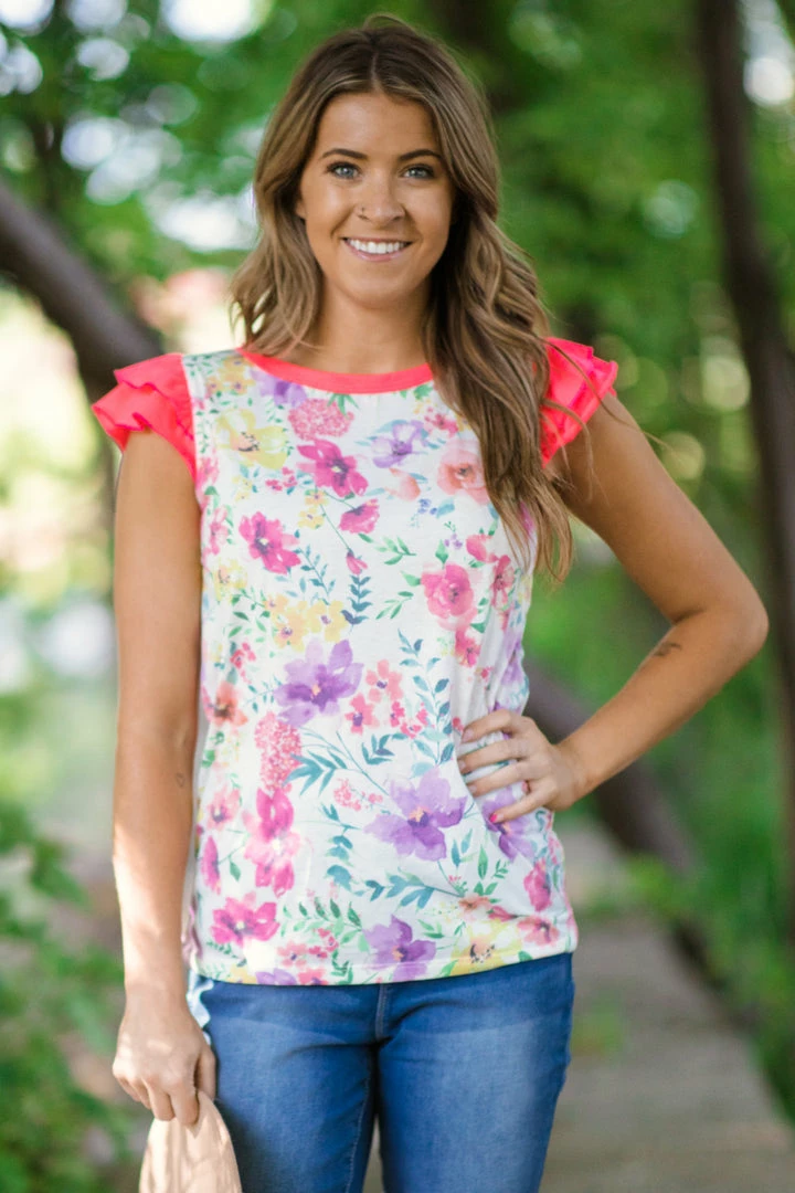 BIBI Tops White And Neon Pink Floral Flutter Sleeve Top 3 BIBI Tops White And Neon Pink Floral Flutter Sleeve Top