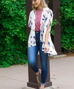 IJoah Off White Multicolor Feather Print Kimono Tops