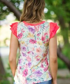 BIBI Tops White And Neon Pink Floral Flutter Sleeve Top 7 BIBI Tops White And Neon Pink Floral Flutter Sleeve Top