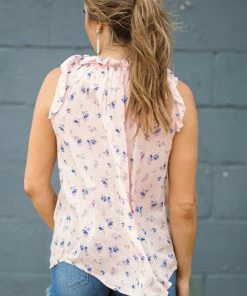 7th Ray Baby Pink Ruffle Neck Floral Print Top Tops