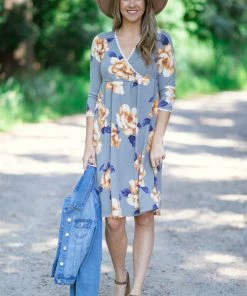 Hailey And Co Grey And Mustard Floral Surplice Front Dress