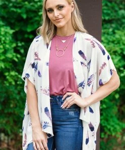 IJoah Off White Multicolor Feather Print Kimono Tops