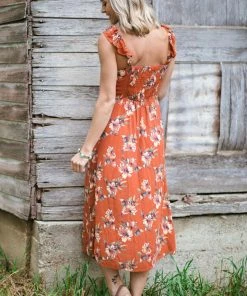 Be Cool Rust Multicolor Floral Print Midi Dress