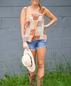 Summer 10 Rust And Mustard Patchwork Print Tank