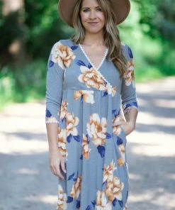 Hailey And Co Grey And Mustard Floral Surplice Front Dress