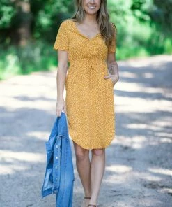 Cozy Casual Inc Mustard Polka Dot Surplice Top Midi Dress