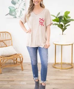Blumin Apparel Oatmeal V-Neck Top With Heart Printed Pocket SHORT SLEEVES