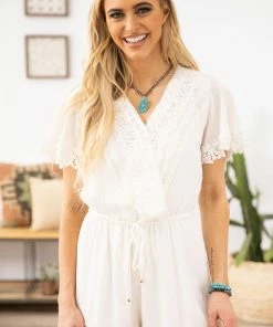 BLUIVY Ivory Crochet Trim Short Sleeve Romper Dresses