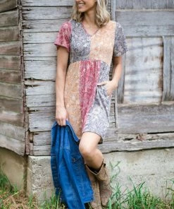 Perfect Peach Grey And Mustard Paisley Colorblock Dress