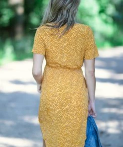Cozy Casual Inc Mustard Polka Dot Surplice Top Midi Dress