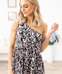 BE Stage Black And Pink Abstract Print One Shoulder Top Tops