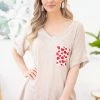Blumin Apparel Oatmeal V-Neck Top With Heart Printed Pocket SHORT SLEEVES