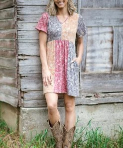 Perfect Peach Grey And Mustard Paisley Colorblock Dress