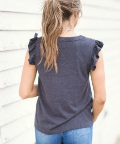 BIBI Charcoal Ruffle Trim Notch Neck Top 7 BIBI Charcoal Ruffle Trim Notch Neck Top