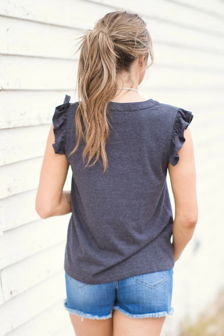 BIBI Charcoal Ruffle Trim Notch Neck Top 5 BIBI Charcoal Ruffle Trim Notch Neck Top
