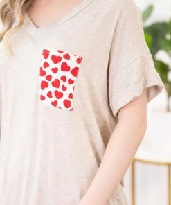 Blumin Apparel Oatmeal V-Neck Top With Heart Printed Pocket SHORT SLEEVES