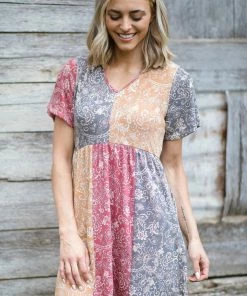 Perfect Peach Grey And Mustard Paisley Colorblock Dress