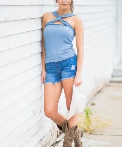 BIBI Dusty Blue Rib Knit Halter Tank With Cutout Tops