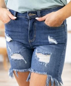 Cello Dark Wash Distressed Mid Length Shorts Bottoms