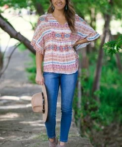 Andree By Unit Tops Tan And Slate Blue Aztec Print Top