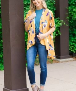 IJoah Mustard Multicolor Feather Print Kimono Tops