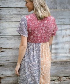 Perfect Peach Grey And Mustard Paisley Colorblock Dress
