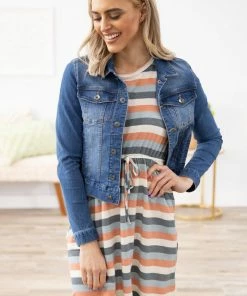 Hayden Slate Blue And Coral Stripe Knit Dress