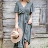ACG FASHION Dresses Olive Surplice Front Tie Waist Midi Dress