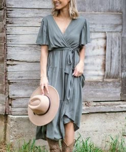 ACG FASHION Dresses Olive Surplice Front Tie Waist Midi Dress