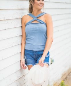 BIBI Dusty Blue Rib Knit Halter Tank With Cutout Tops
