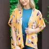 IJoah Mustard Multicolor Feather Print Kimono Tops