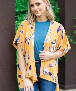 IJoah Mustard Multicolor Feather Print Kimono Tops