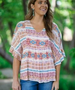 Andree By Unit Tops Tan And Slate Blue Aztec Print Top