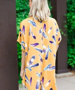IJoah Mustard Multicolor Feather Print Kimono Tops