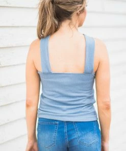 BIBI Dusty Blue Rib Knit Halter Tank With Cutout Tops
