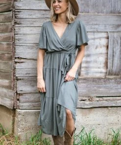 ACG FASHION Dresses Olive Surplice Front Tie Waist Midi Dress