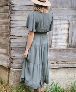 ACG FASHION Dresses Olive Surplice Front Tie Waist Midi Dress