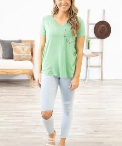 Shop Basic USA Green V-Neck Top With Animal Print Trim Pocket Tops