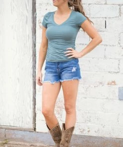 Alba Apparel Sage V-Neck Top With Shirred Sides