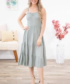 Be Cool Sage Smocked Bodice Tiered Skirt Dress Dresses