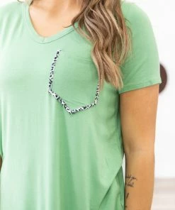 Shop Basic USA Green V-Neck Top With Animal Print Trim Pocket Tops
