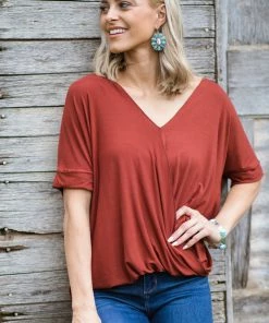 Zenana Rust Surplice Twist Front Hi Low Top Tops